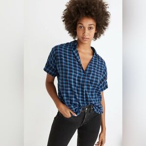Madewell Double-Faced Park Popover Shirt in Plaid Blue Size XS